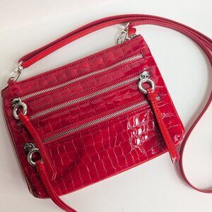 Brighton Red Croco Patent Leather Handbag Purse Crossbody Bag w/Silver Hardware